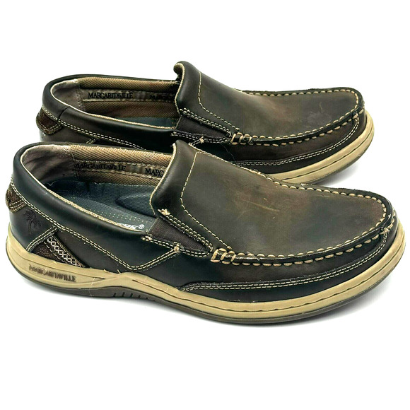 MARGARITAVILLE Men's 8 Brown Leather Slip On Boat Shoes Loafers Skechers Insoles - Picture 1 of 7